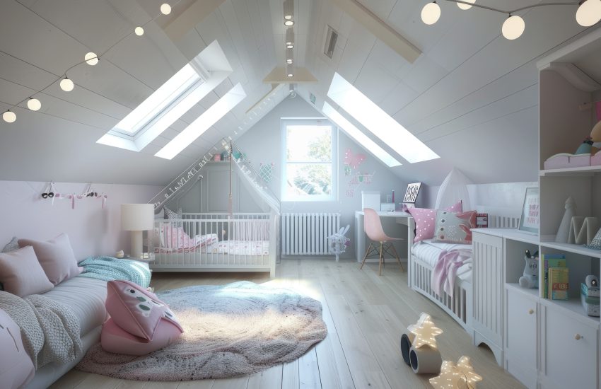 Przytulny pokój na poddaszu z łóżeczkiem domek dla dzieci w pastelowych kolorach i dekoracjami świetlnymi
