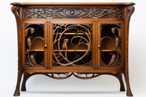 Komoda drewniana w stylu Art Nouveau z rzeźbionymi detalami i przeszklonymi frontami