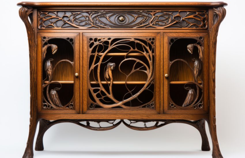 Komoda drewniana w stylu Art Nouveau z rzeźbionymi detalami i przeszklonymi frontami