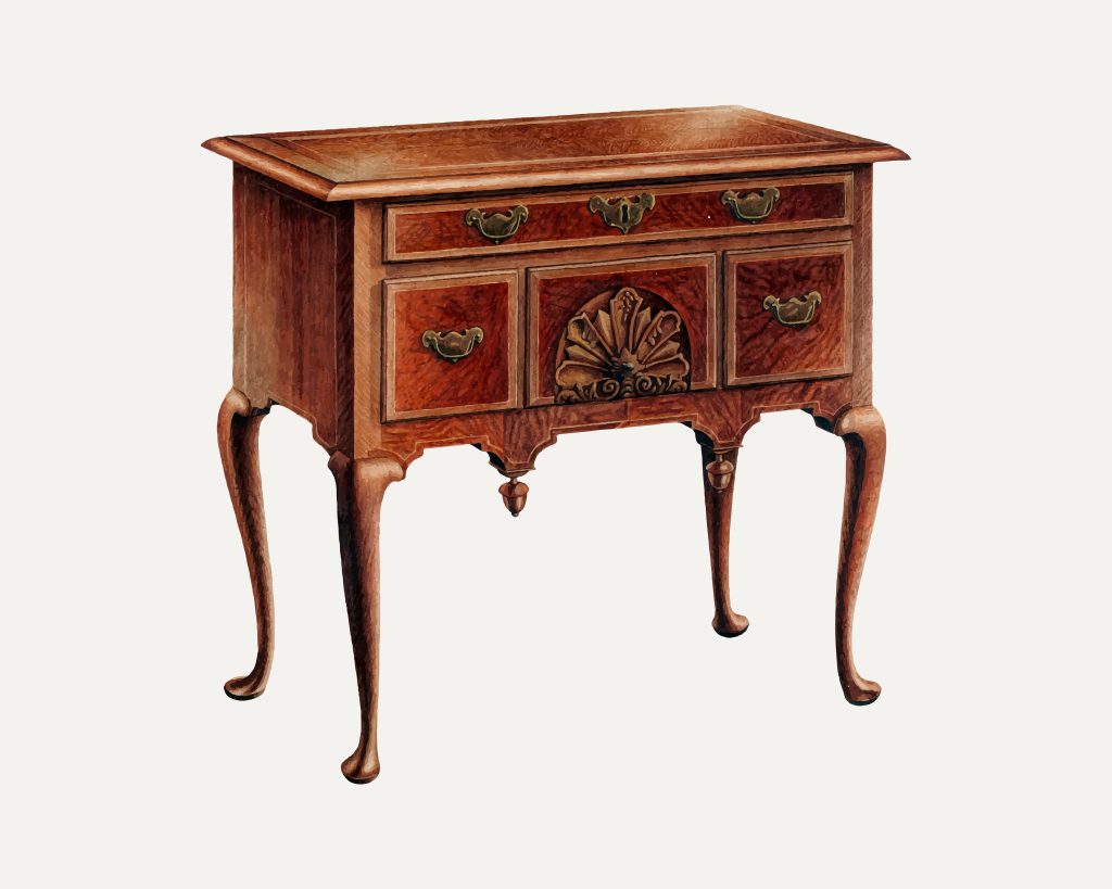 Dekoracyjna konsola vintage z rzeźbieniami, doskonale współgrająca z biblioteczki retro w sypialni lub gabinecie. Mebel wyróżnia się ozdobnym motywem muszli oraz giętymi nóżkami, co nadaje wnętrzu autentyczny sznyt minionych epok.