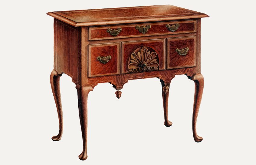 Dekoracyjna konsola vintage z rzeźbieniami, doskonale współgrająca z biblioteczki retro w sypialni lub gabinecie. Mebel wyróżnia się ozdobnym motywem muszli oraz giętymi nóżkami, co nadaje wnętrzu autentyczny sznyt minionych epok.