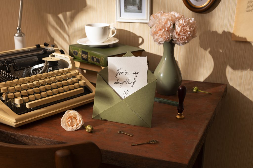 Retro maszyna do pisania oraz list miłosny umieszczone na blacie biurka vintage w otoczeniu kwiatów i filiżanki herbaty.
