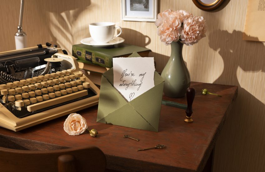 Retro maszyna do pisania oraz list miłosny umieszczone na blacie biurka vintage w otoczeniu kwiatów i filiżanki herbaty.
