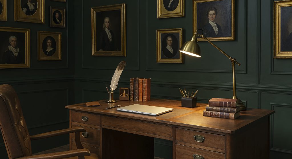 Eleganckie drewniane biurko vintage w ciemnozielonym gabinecie z obrazami w złotych ramach oraz nowoczesnym laptopem na blacie.