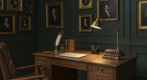 Eleganckie drewniane biurko vintage w ciemnozielonym gabinecie z obrazami w złotych ramach oraz nowoczesnym laptopem na blacie.