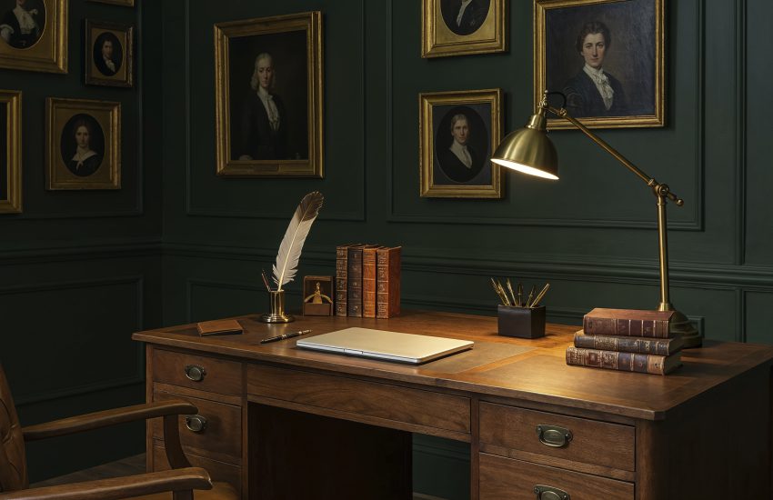Eleganckie drewniane biurko vintage w ciemnozielonym gabinecie z obrazami w złotych ramach oraz nowoczesnym laptopem na blacie.