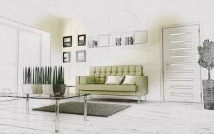 aranżacja salonu z zieloną kanapą - projekt wnętrza salon