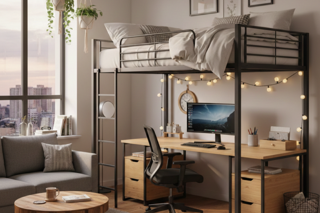 Metalowe łóżko dziecięce z antresolą i biurkiem w aranżacji typu loft.