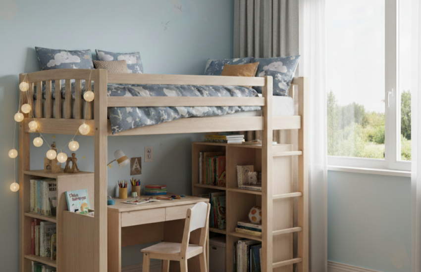 Drewniane łóżko dziecięce z antresolą w błękitnym pokoju z kącikiem do zabawy.
