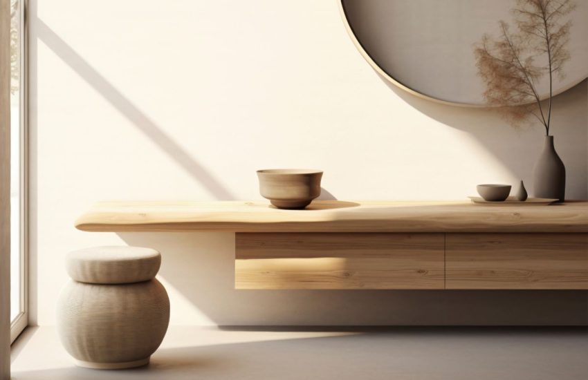 Jasne wnętrze w stylu japandi, prezentujące nowoczesne wykończenie wnętrz z wykorzystaniem naturalnego drewna. Na gładkiej ścianie wisi duże okrągłe lustro, a pod nim znajduje się długa drewniana półka z glinianymi naczyniami oraz pasujący, obły taboret.