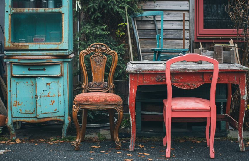 arańżacja kolorowych mebli na zewnątrz - meble retro